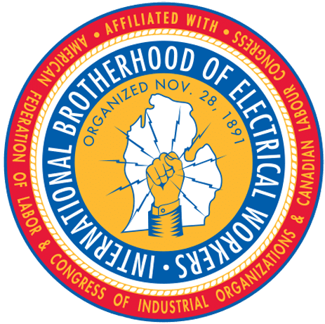 ibewmichigan-icon Emblem of the International Brotherhood of Electrical Workers, featuring a raised fist and map, with text denoting its affiliation and organization date, surrounded by a red and blue border.